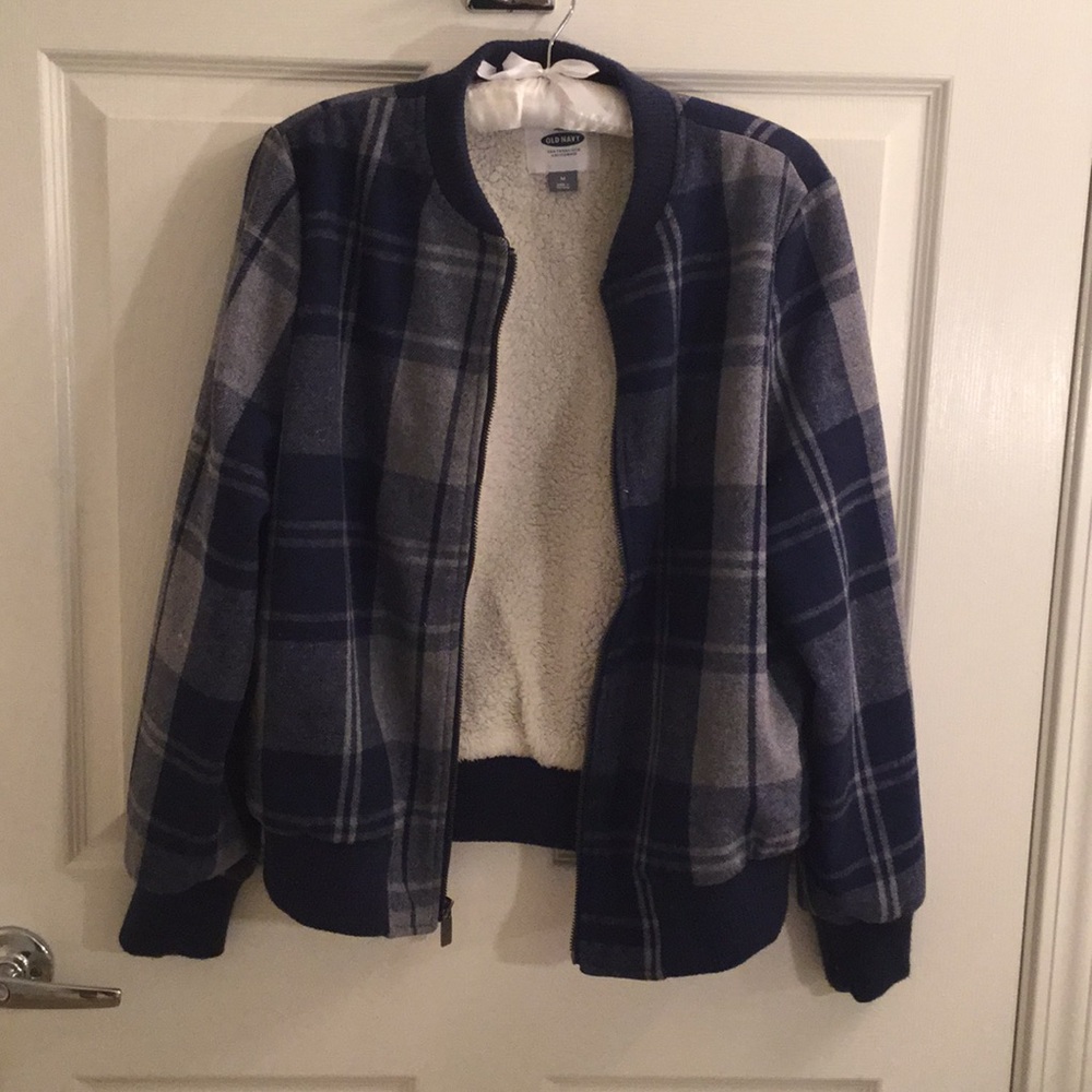 Blue Plaid Faux Sherpa Lined Bomber Jacket - image 1